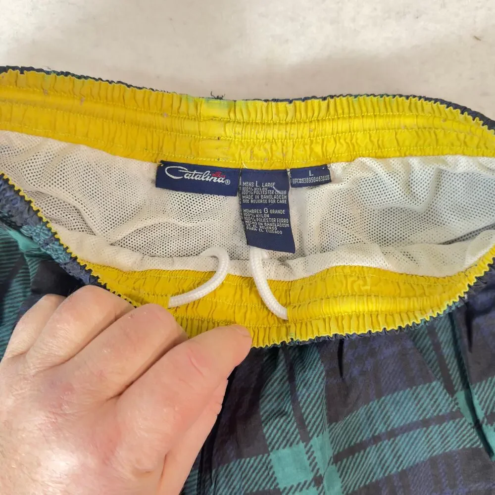 Catalina Men’s Large Swim Trunks Green Plaid Lined Board Shorts Drawstring Waist
